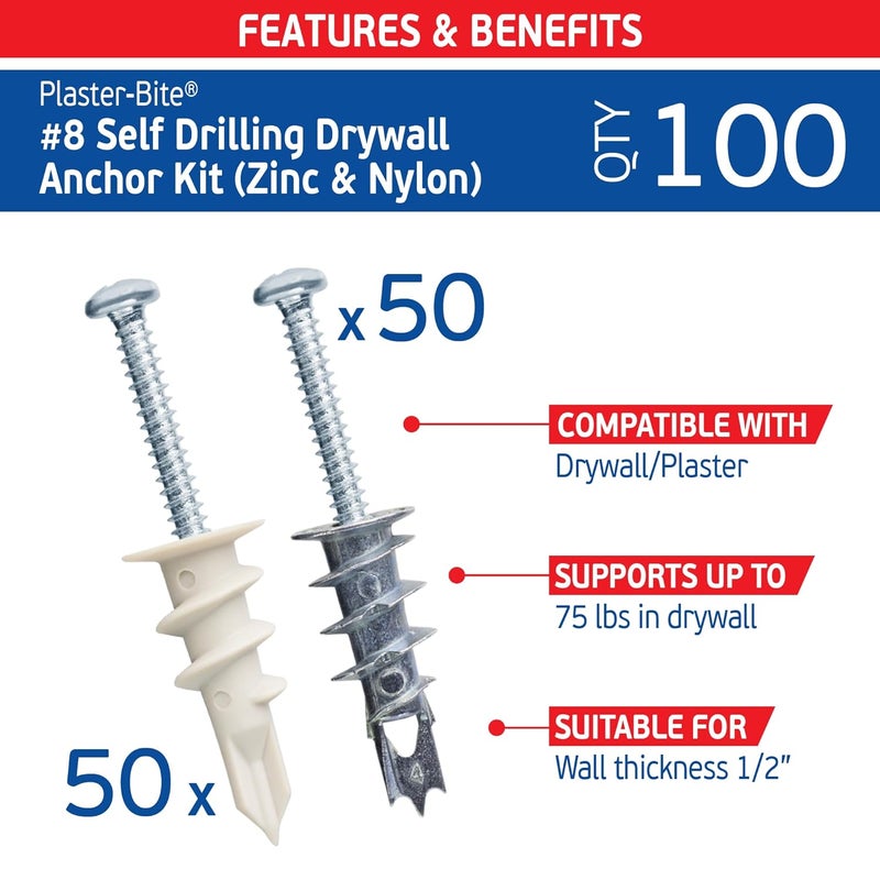 FixMaster Plaster Bite Self-Drilling Drywall Anchor Kit Includes 50 Nylon & 50 Zinc Anchors w/ 100 Screws – Heavy DutyHollow Wall Anchor Kit for 3/8", 1/2", 5/8" Drywall – 75 lbs Holding Strength - Image 2
